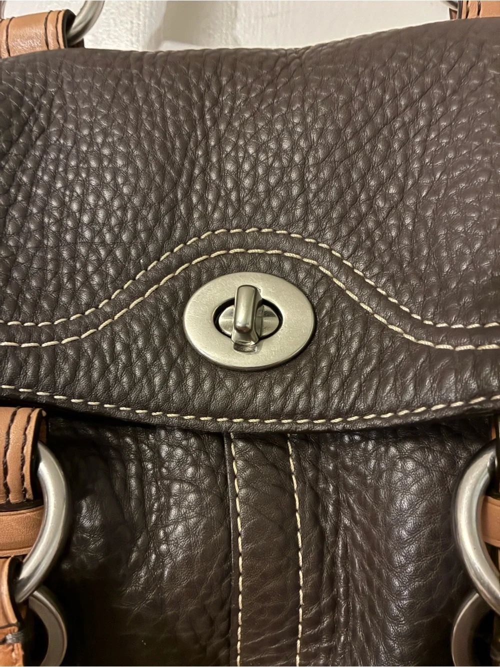 Women’s Brown Leather Tote with Tan Strap Accents